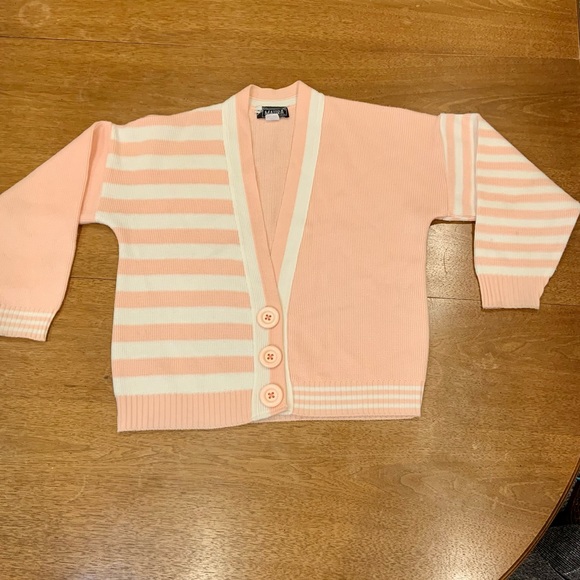 Vintage 1980s Maura pink and white cardigan with color blocking and stripes - Picture 3 of 7